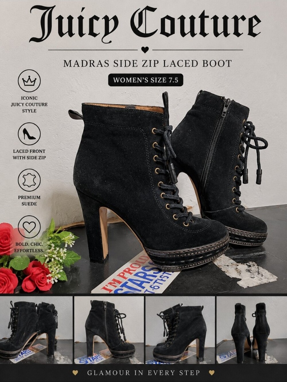 Juicy Couture 7.5 Women's Madras Side Zip Laced Boot